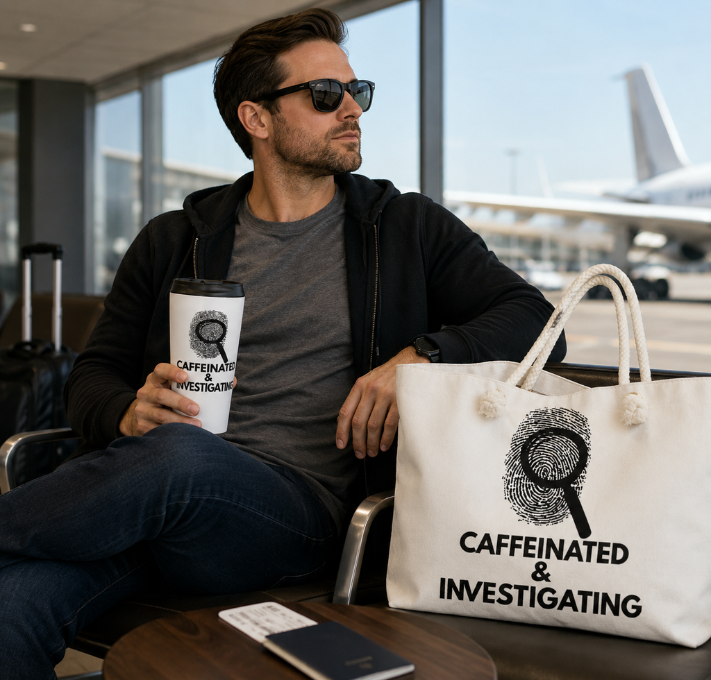 Man sitting in an airport with a tote bag and coffee cup, both featuring 'Caffeinated & Investigating' text.