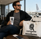 Man sitting in an airport with a tote bag and coffee cup, both featuring 'Caffeinated & Investigating' text.