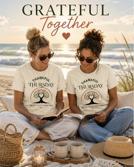 Two women sitting on beach wearing cream Thankful Thursday t-shirts with tree of life graphic, Grateful Together lifestyle photo