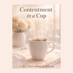 Contentment in a Cup — soft lifestyle scene with white coffee cup and saucer, cozy and calm morning mood