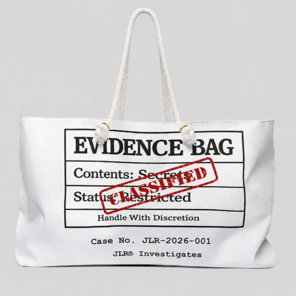 White tote bag with 'EVIDENCE BAG' design featuring text and a red stamp on a gray background