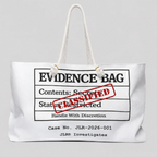 White tote bag with 'EVIDENCE BAG' design featuring text and a red stamp on a gray background