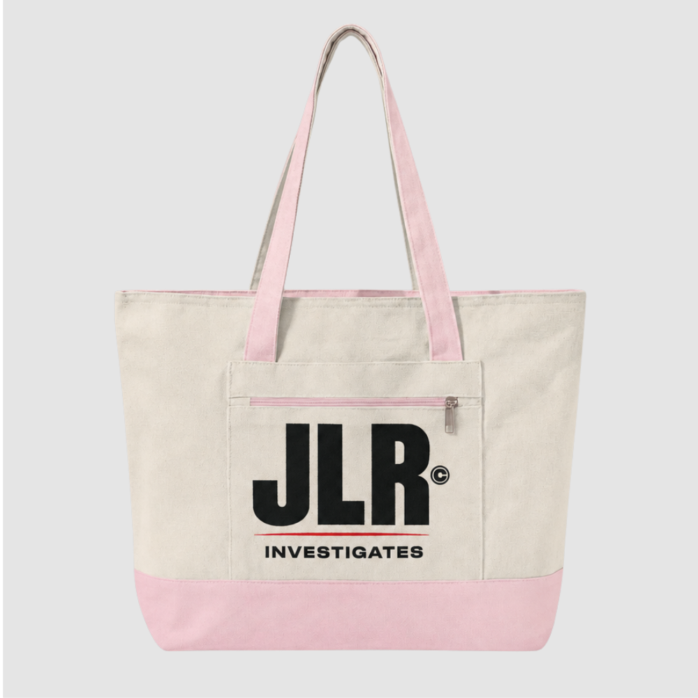 A canvas tote bag with an off-white body, light pink handles and bottom trim, and a large black 'JLR INVESTIGATES' logo printed on the front pocket, shown against a light gray background.