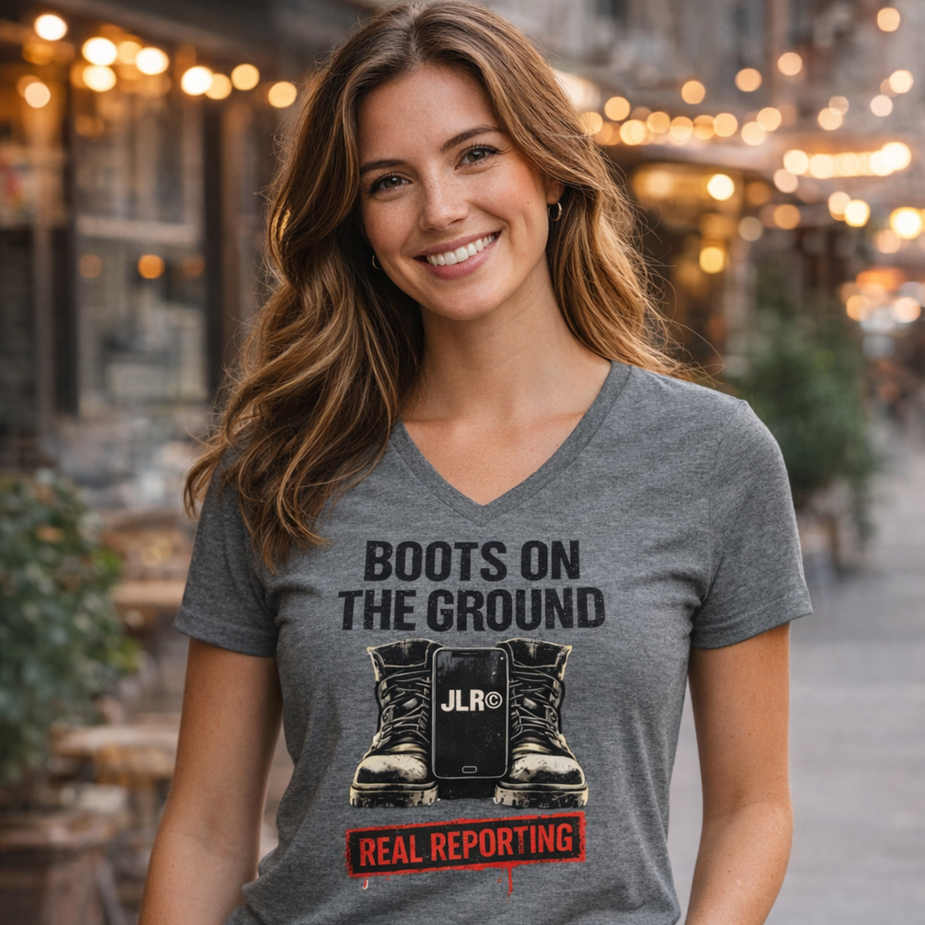 Lifestyle image - grey unisex t-shirt with bold black graphic reading 'Boots on the Ground' featuring a boot graphic and JLR Investigates branding