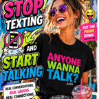 "Black unisex t-shirt with bold multicolor text reading 'Anyone Wanna Talk?' worn by a woman in sunglasses holding a drink — JLR Investigates apparel"