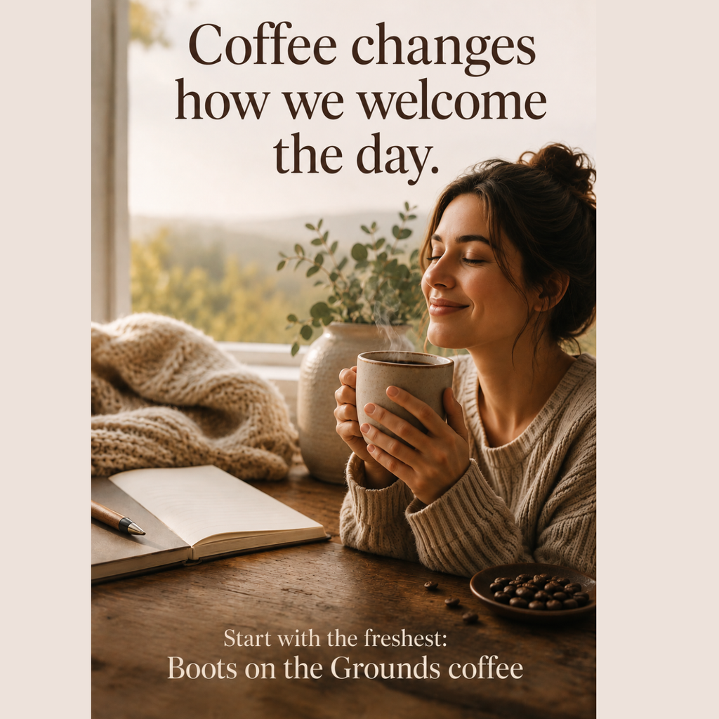 Woman enjoying a morning cup of coffee — Boots on the Grounds OJ's Stakeout Blend, JLR© Investigates