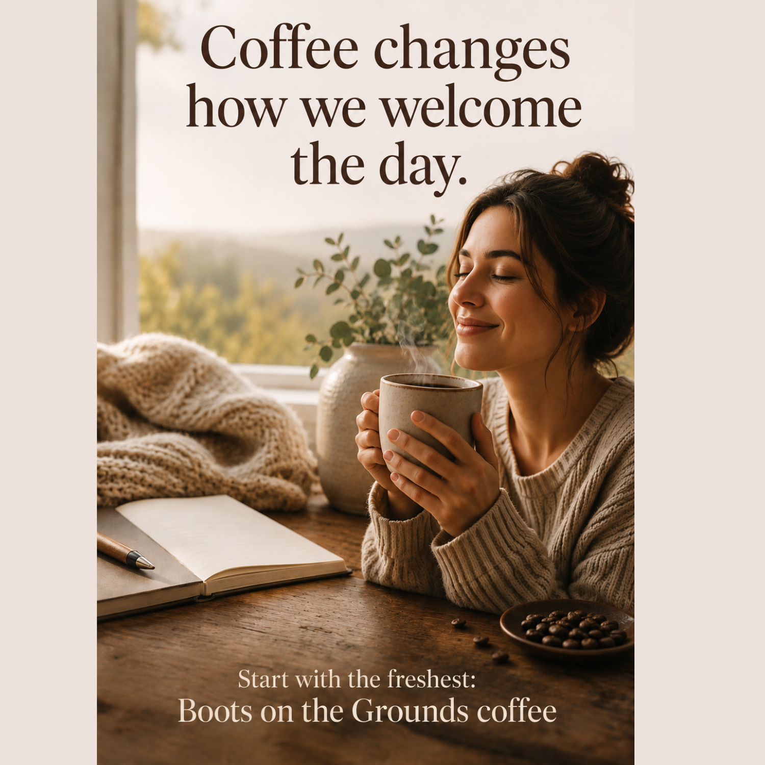 Woman enjoying a morning cup of coffee — Boots on the Grounds OJ's Stakeout Blend, JLR© Investigates
