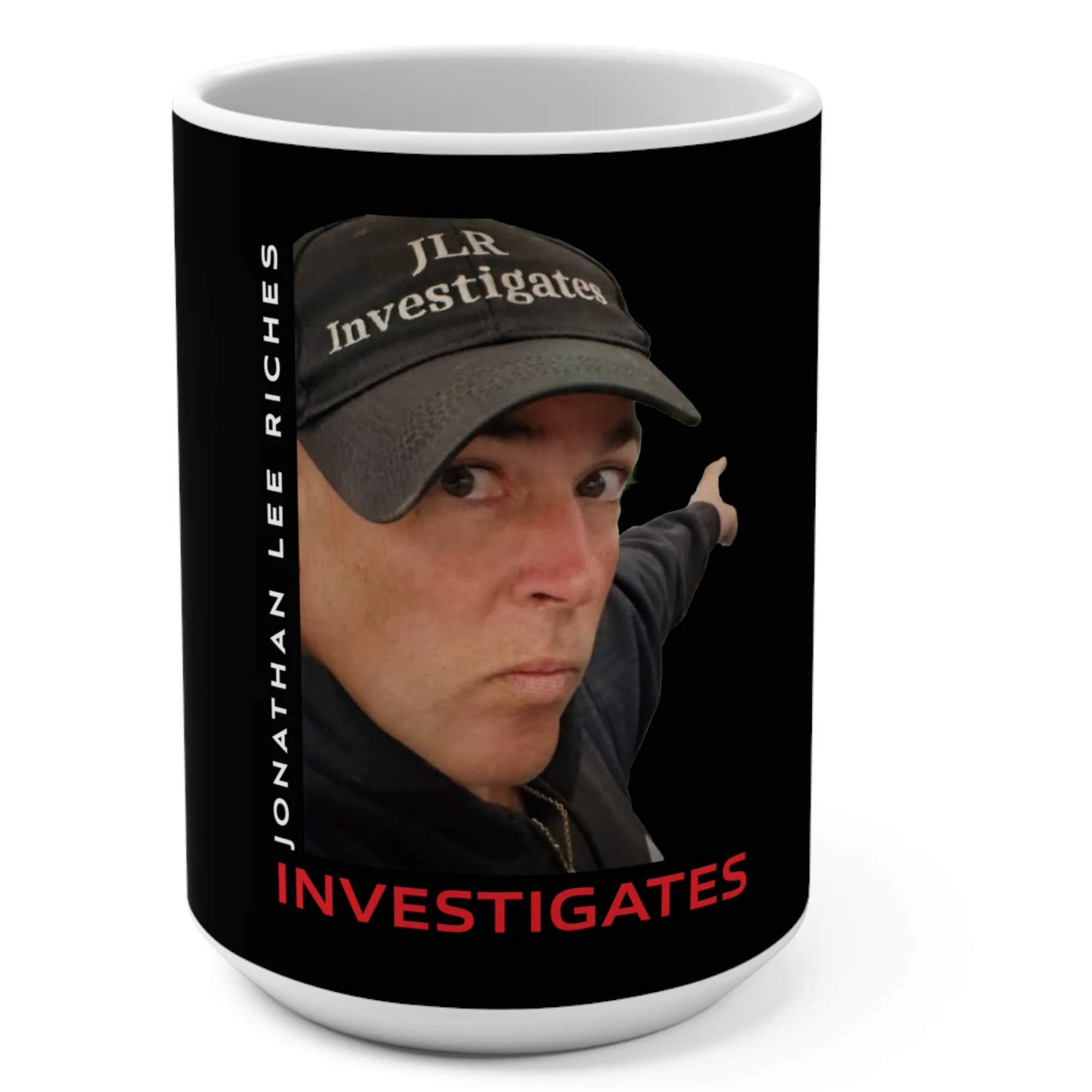 Let JLR© Show the Way! 15oz black ceramic coffee mug with glossy wraparound INVESTIGATES print — front view