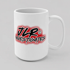 Bold graffiti style red and black logo JLR Investigates white coffee mug