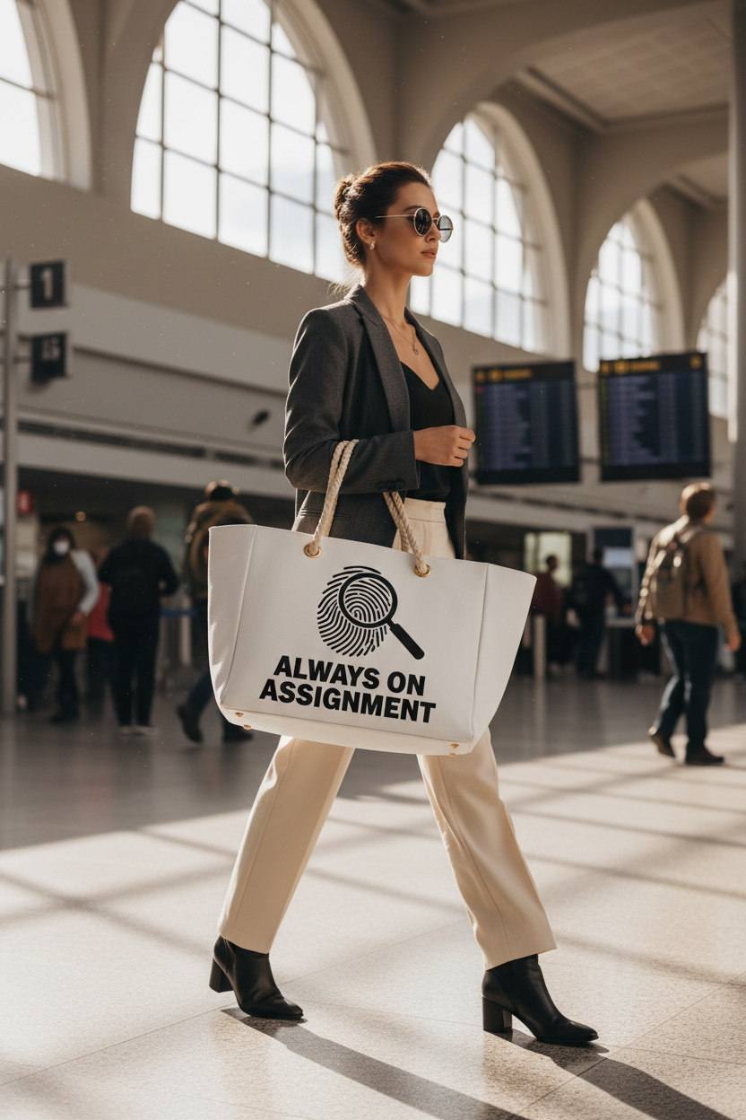 A woman in a black blazer and beige pants walks through a bright airport terminal while carrying a large white tote bag printed with a black fingerprint magnifying glass graphic and the text 'ALWAYS ON ASSIGNMENT'.