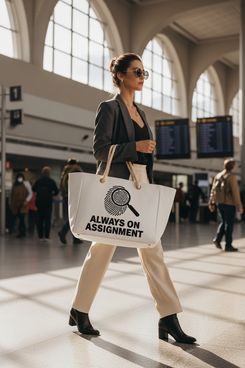 A woman in a black blazer and beige pants walks through a bright airport terminal while carrying a large white tote bag printed with a black fingerprint magnifying glass graphic and the text 'ALWAYS ON ASSIGNMENT'.