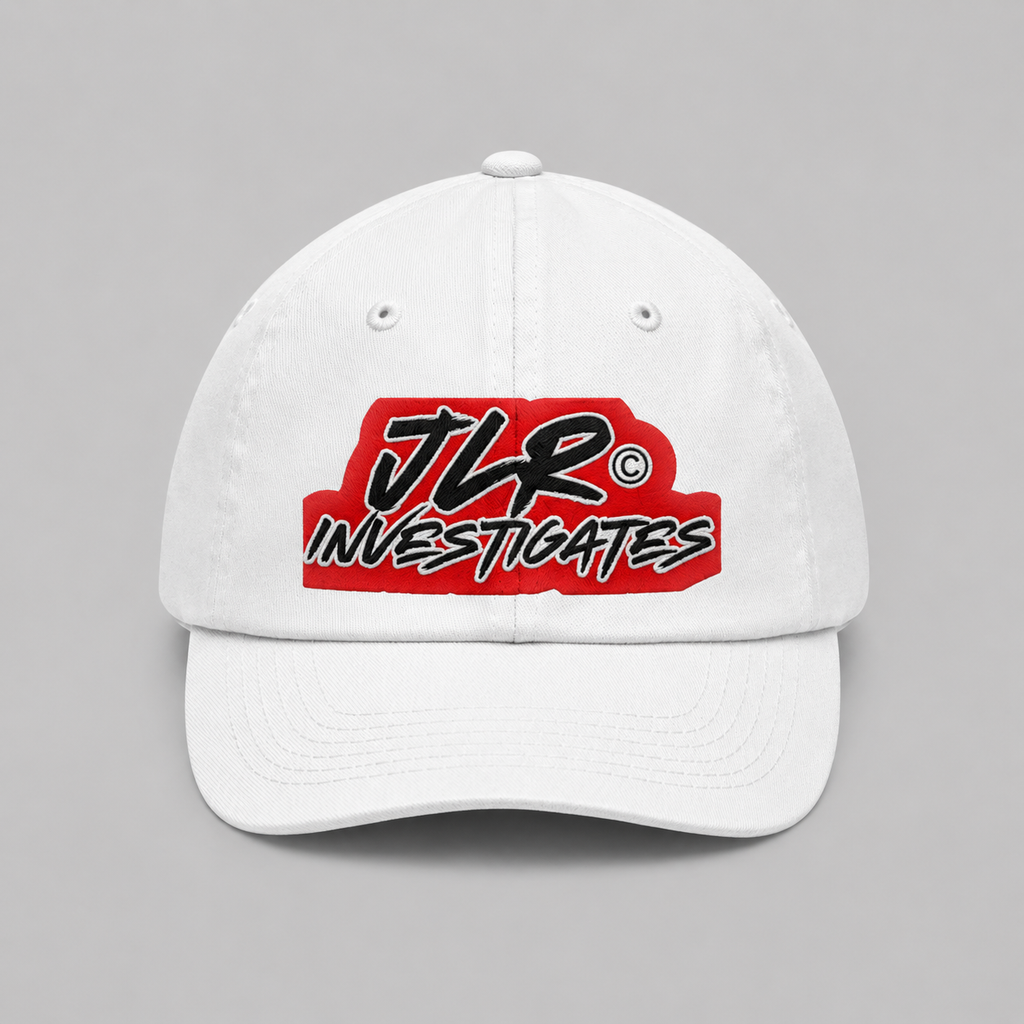 JLR© Investigates dad cap in white with bold graphic logo print