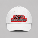 JLR© Investigates dad cap in white with bold graphic logo print