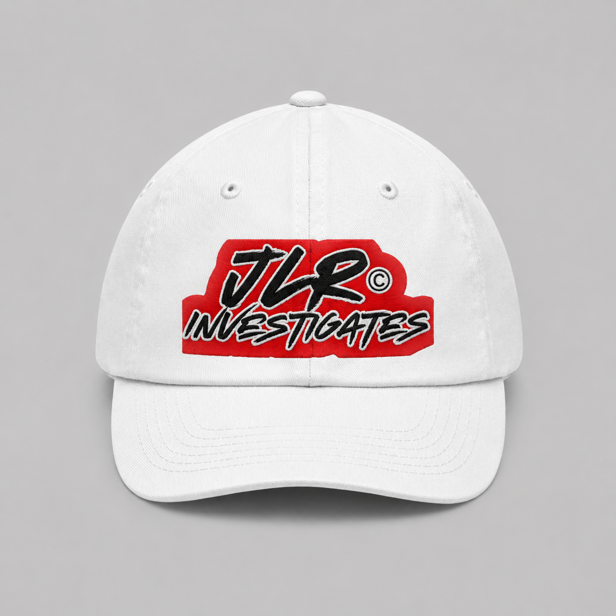 JLR© Investigates dad cap in white with bold graphic logo print
