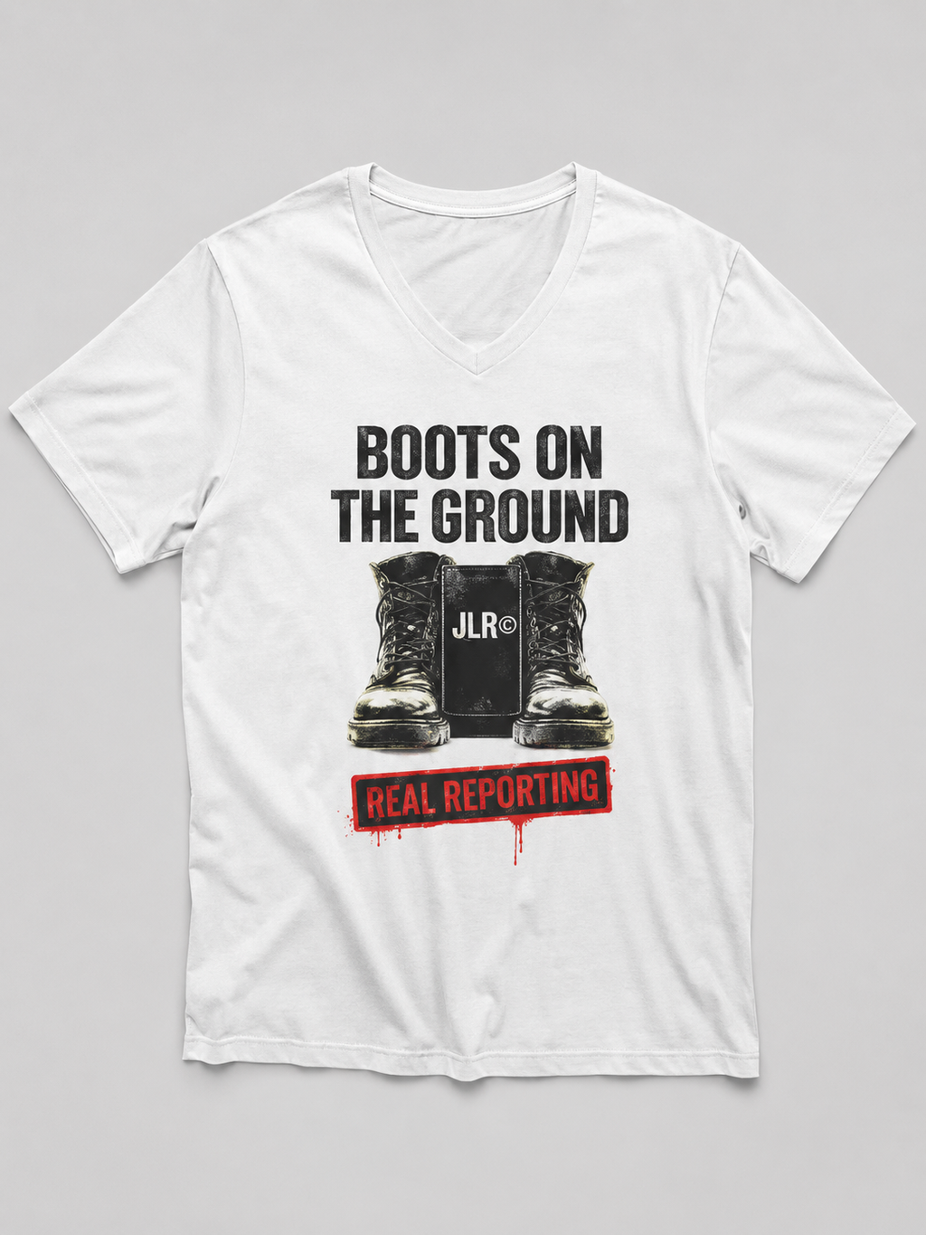White t-shirt with graphic design and text on a gray background