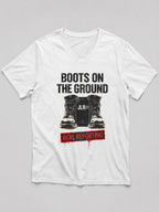 White t-shirt with graphic design and text on a gray background