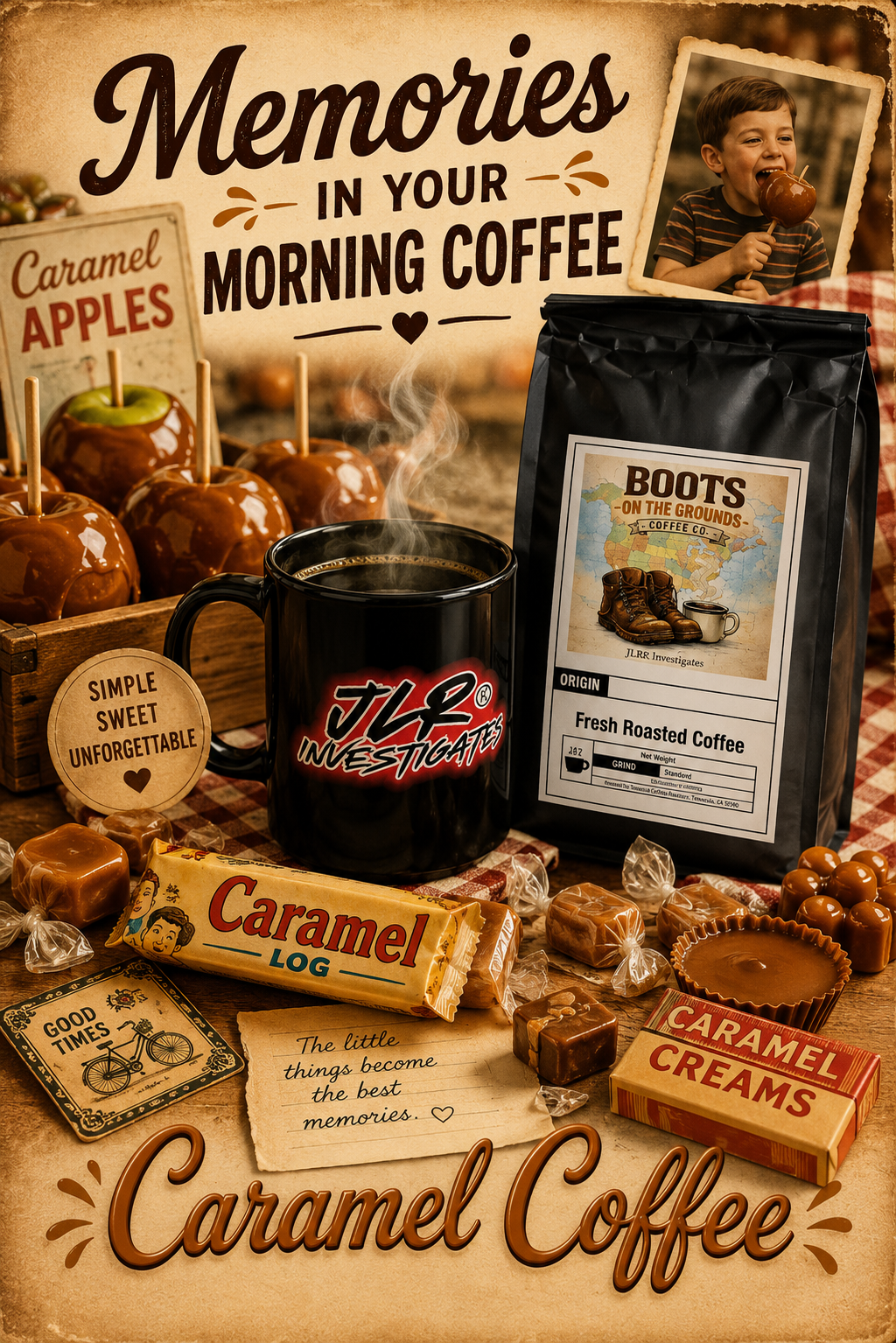 Vintage-style promotional flat lay featuring Boots on the Grounds Caramel Coffee bag, JLR® Investigates black mug with steaming coffee, caramel apples, Caramel Log candy bar, Caramel Creams candy, and wrapped caramels on a rustic checkered surface with the headline "Memories in Your Morning Coffee"