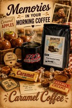 Vintage-style promotional flat lay featuring Boots on the Grounds Caramel Coffee bag, JLR® Investigates black mug with steaming coffee, caramel apples, Caramel Log candy bar, Caramel Creams candy, and wrapped caramels on a rustic checkered surface with the headline "Memories in Your Morning Coffee"