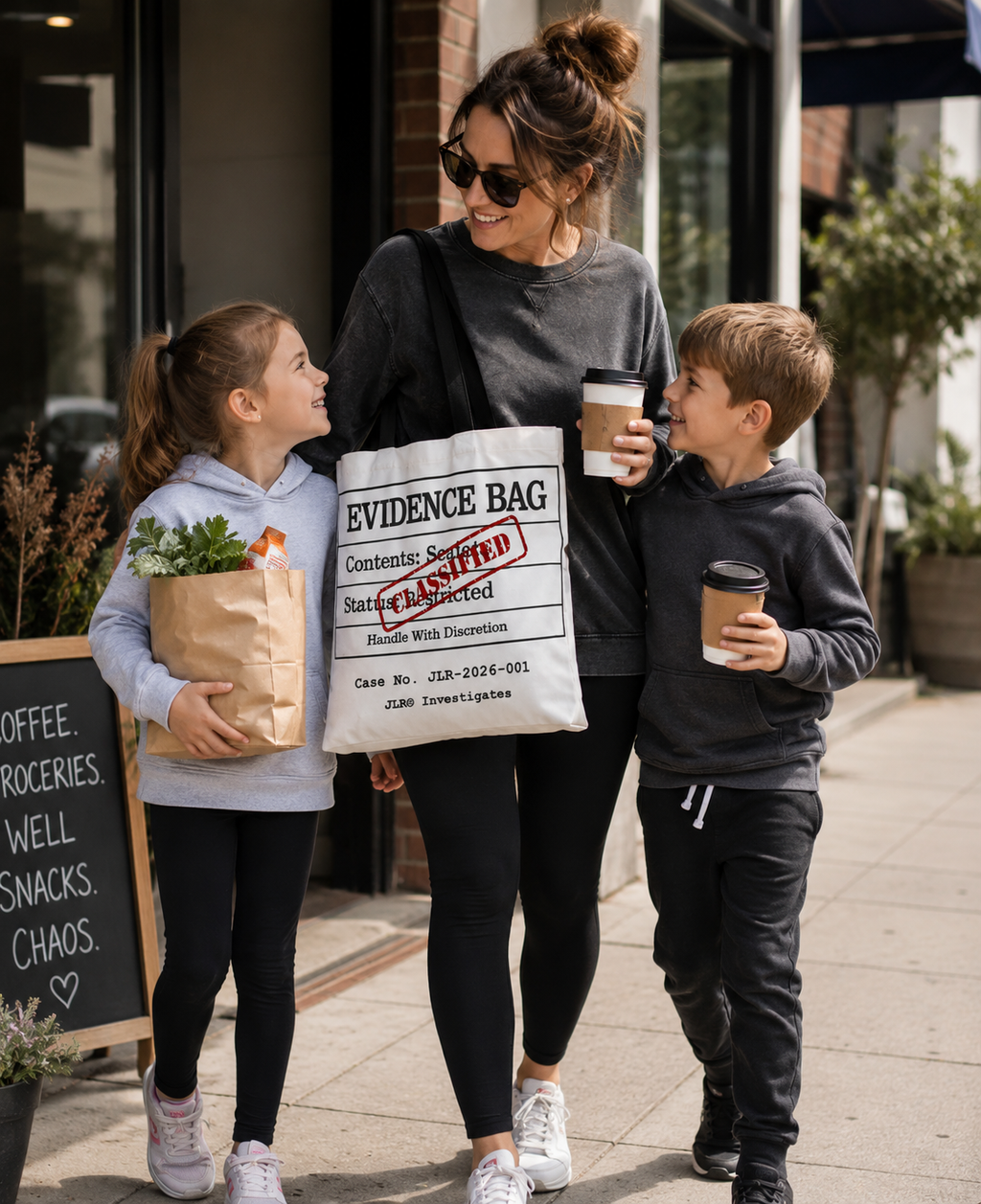 Woman and two children walking outdoors holding coffee cups and a bag labeled 'Evidence Bag'.