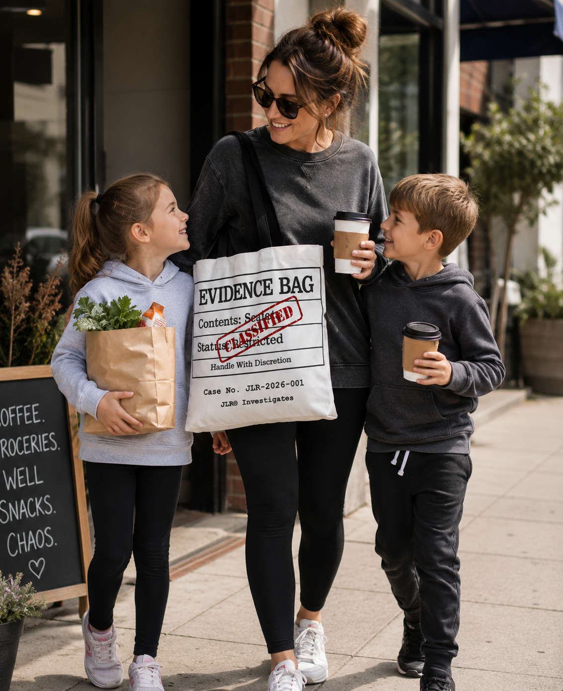 Woman and two children walking outdoors holding coffee cups and a bag labeled 'Evidence Bag'.