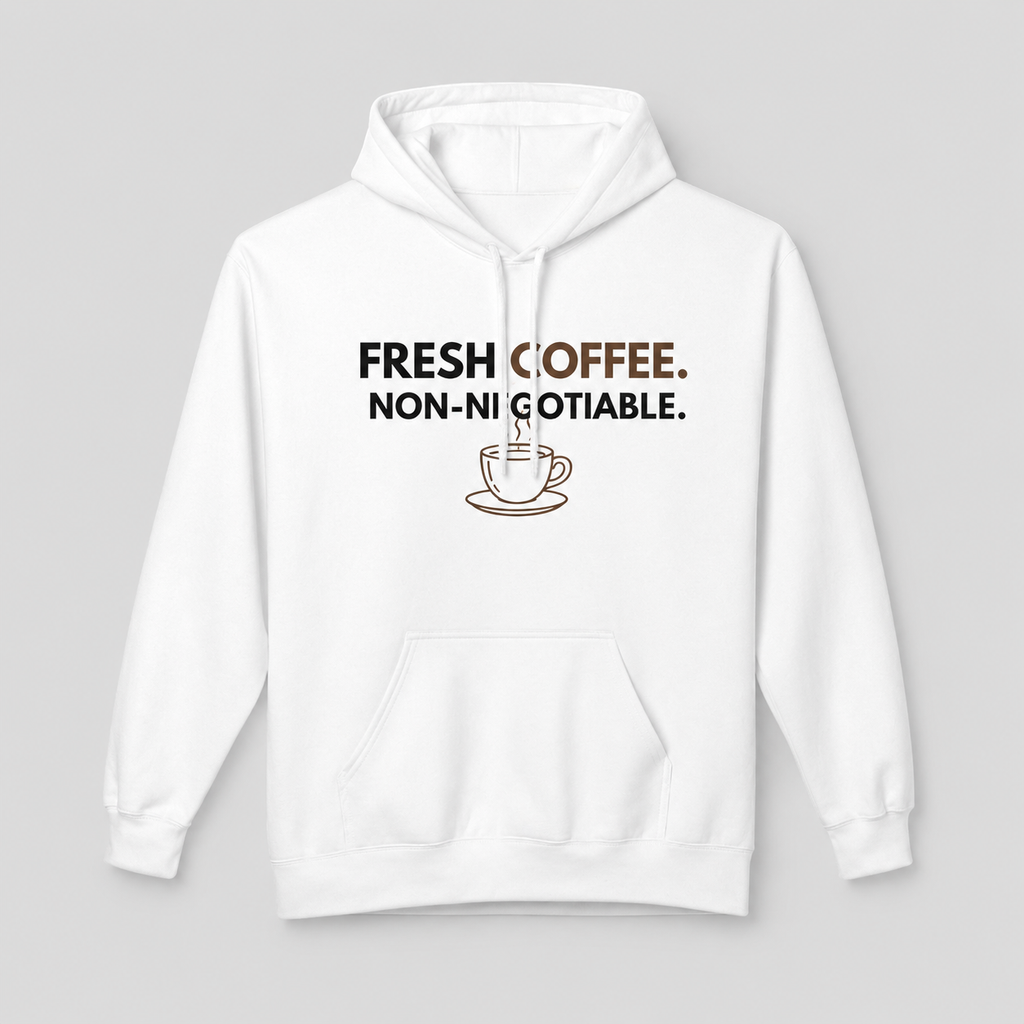 Fresh Coffee Hoodie – JLR© Investigates, white, FRESH COFFEE NON-NEGOTIABLE graphic, flat lay front
