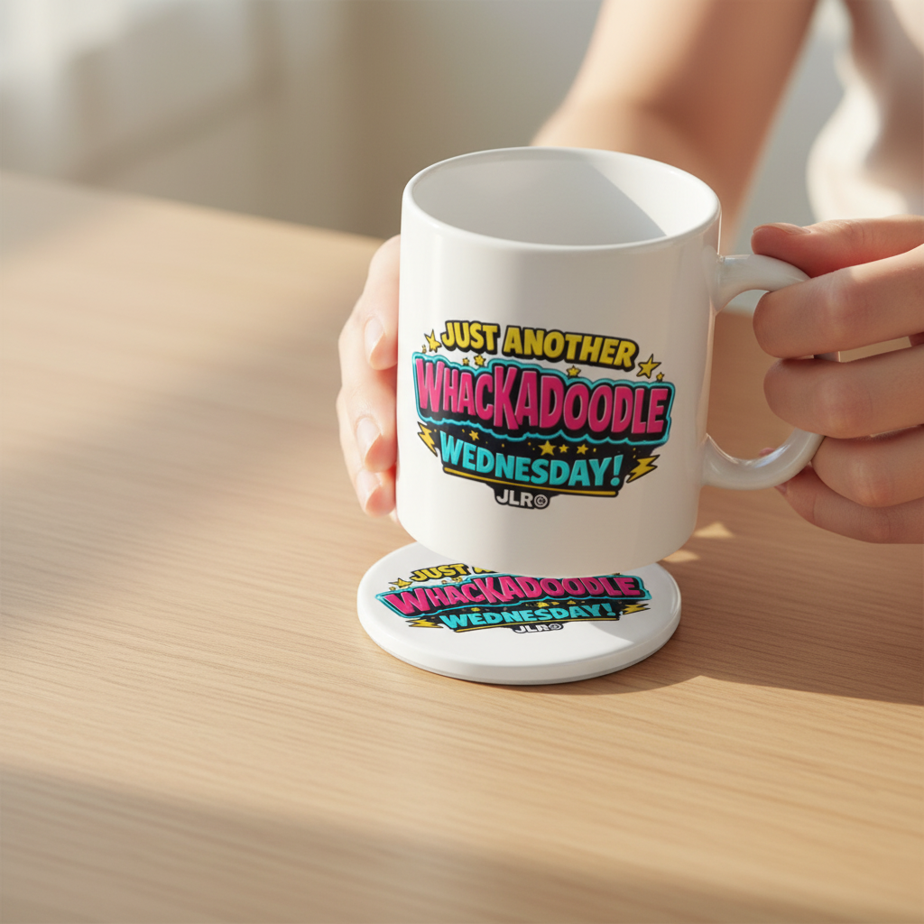 Whackadoodle Wednesday Ceramic Coaster with coffee mug being placed on top, top-down view