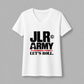A white short-sleeve V-neck t-shirt with a bold black graphic reading 'JLR ARMY' with distressed red stripe underneath and 'LET'S ROLL.' in black, displayed on a neutral gray background.