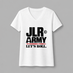 A white short-sleeve V-neck t-shirt with a bold black graphic reading 'JLR ARMY' with distressed red stripe underneath and 'LET'S ROLL.' in black, displayed on a neutral gray background.