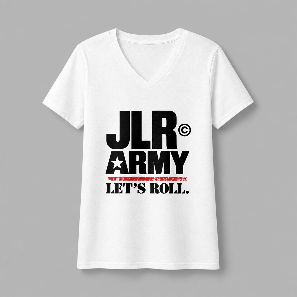A white short-sleeve V-neck t-shirt with a bold black graphic reading 'JLR ARMY' with distressed red stripe underneath and 'LET'S ROLL.' in black, displayed on a neutral gray background.