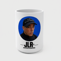 White 15 oz JLR© Investigates photo mug with a portrait in a blue circle and black logo on a light grey background
