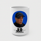 White 15 oz JLR© Investigates photo mug with a portrait in a blue circle and black logo on a light grey background