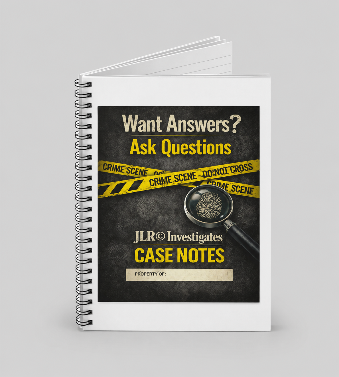 Notebook with a crime scene theme and text on a gray background