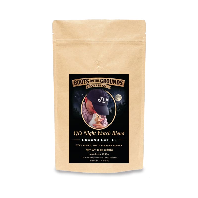 Boots on the Grounds OJ's Night Watch Blend coffee — ground bag, dark roast, Boots on the Grounds branded packaging