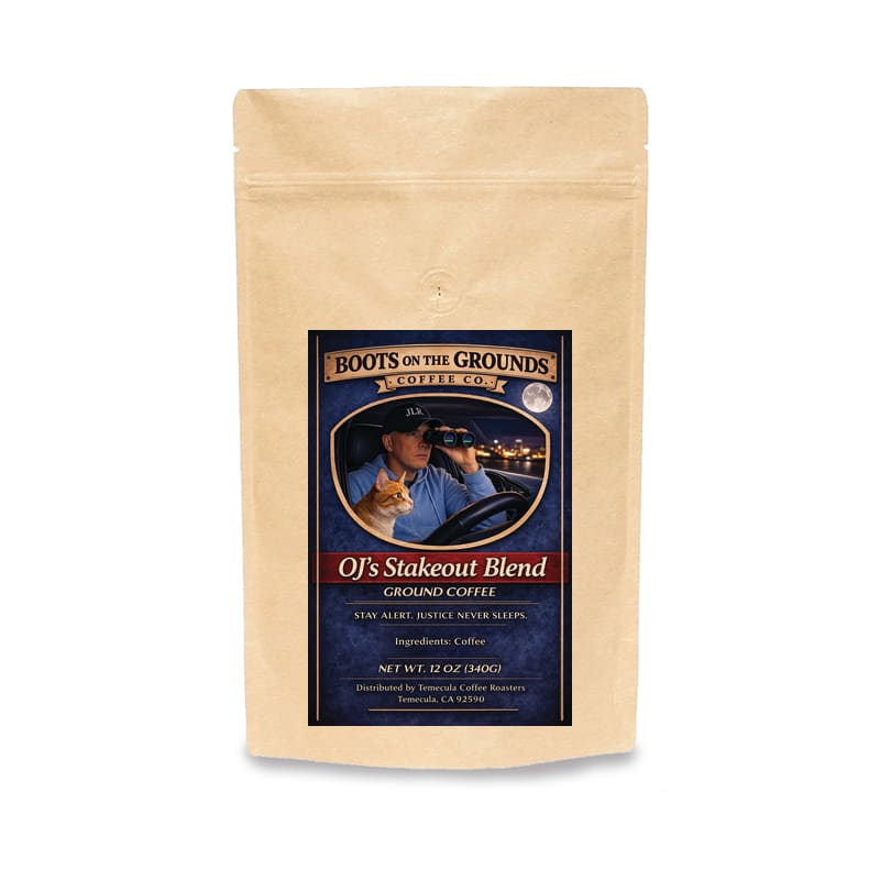 Boots on the Grounds OJ's Stakeout Blend coffee — ground bag, medium-dark roast, Boots on the Grounds branded packaging