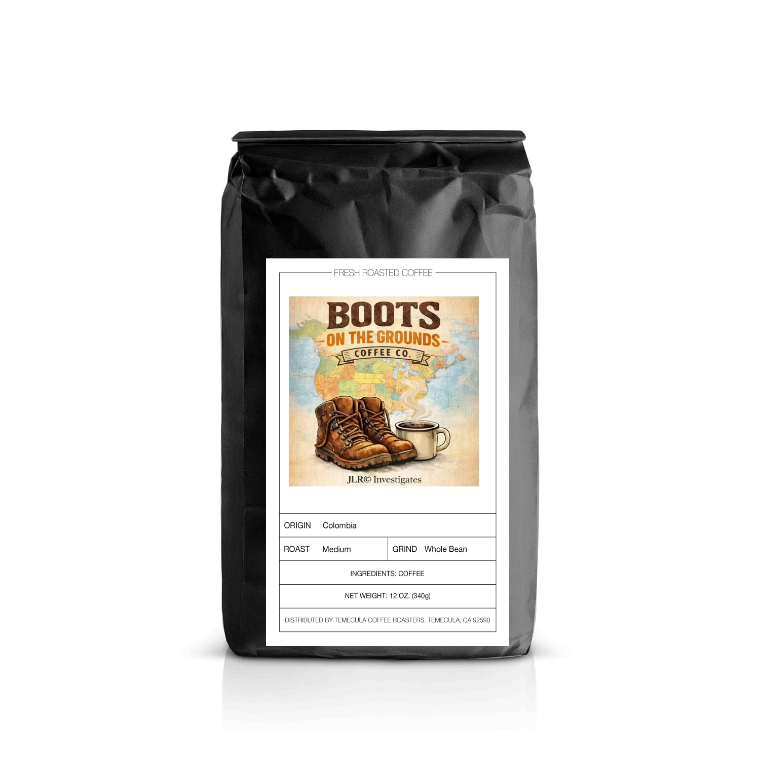 A black bag of Boots on the Grounds Coffee Co. whole bean coffee, featuring a white label with a vintage-style illustration of brown boots and a coffee cup.