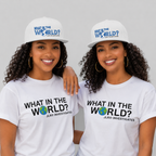 Two women wearing the What in the World? JLR© Investigates Snapback Hat and matching tee in White