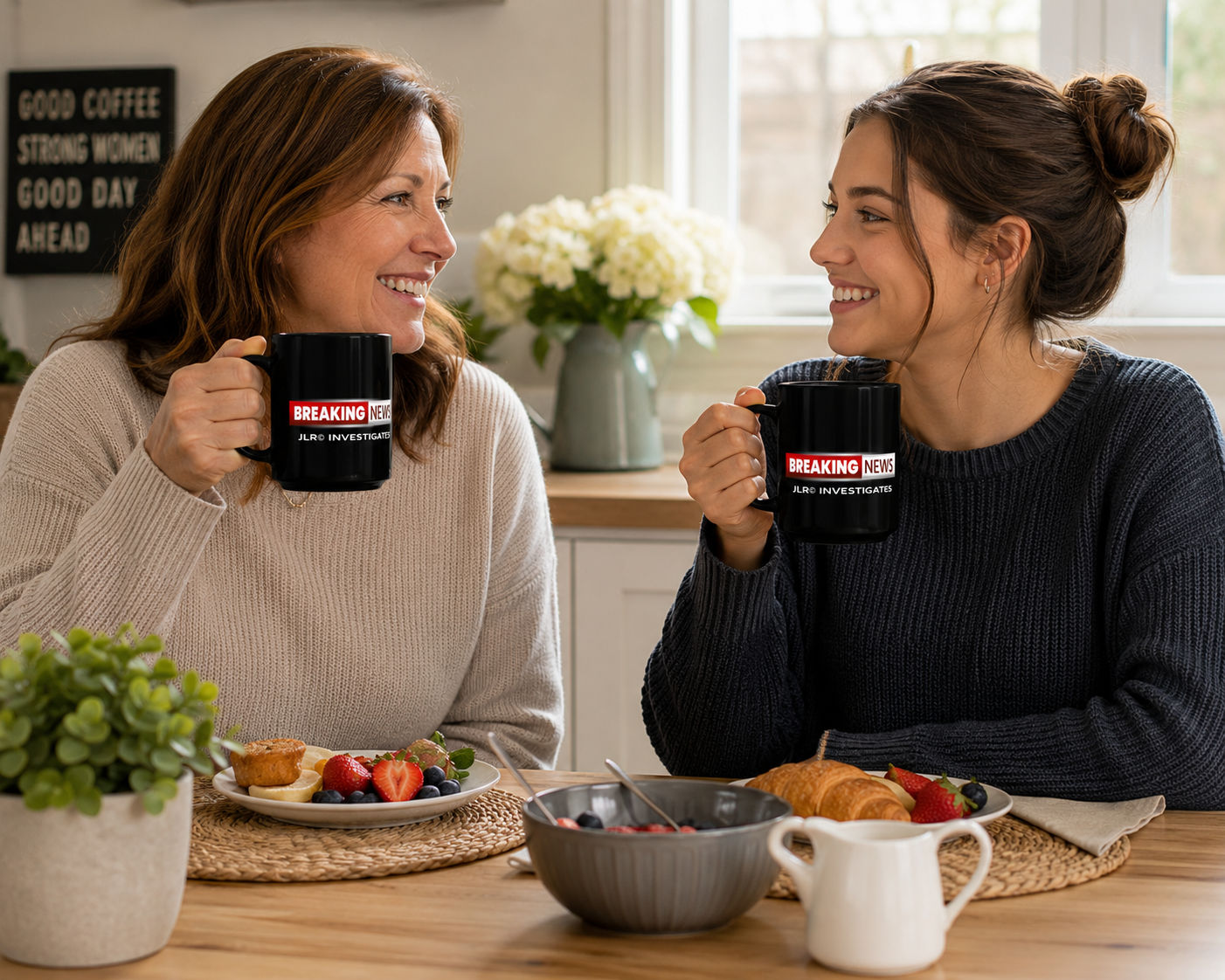 mother and daughter at kitchen table drinking from black coffee cup with red and white 'Breaking News" logo and JLR Investigates in white text underneath logo