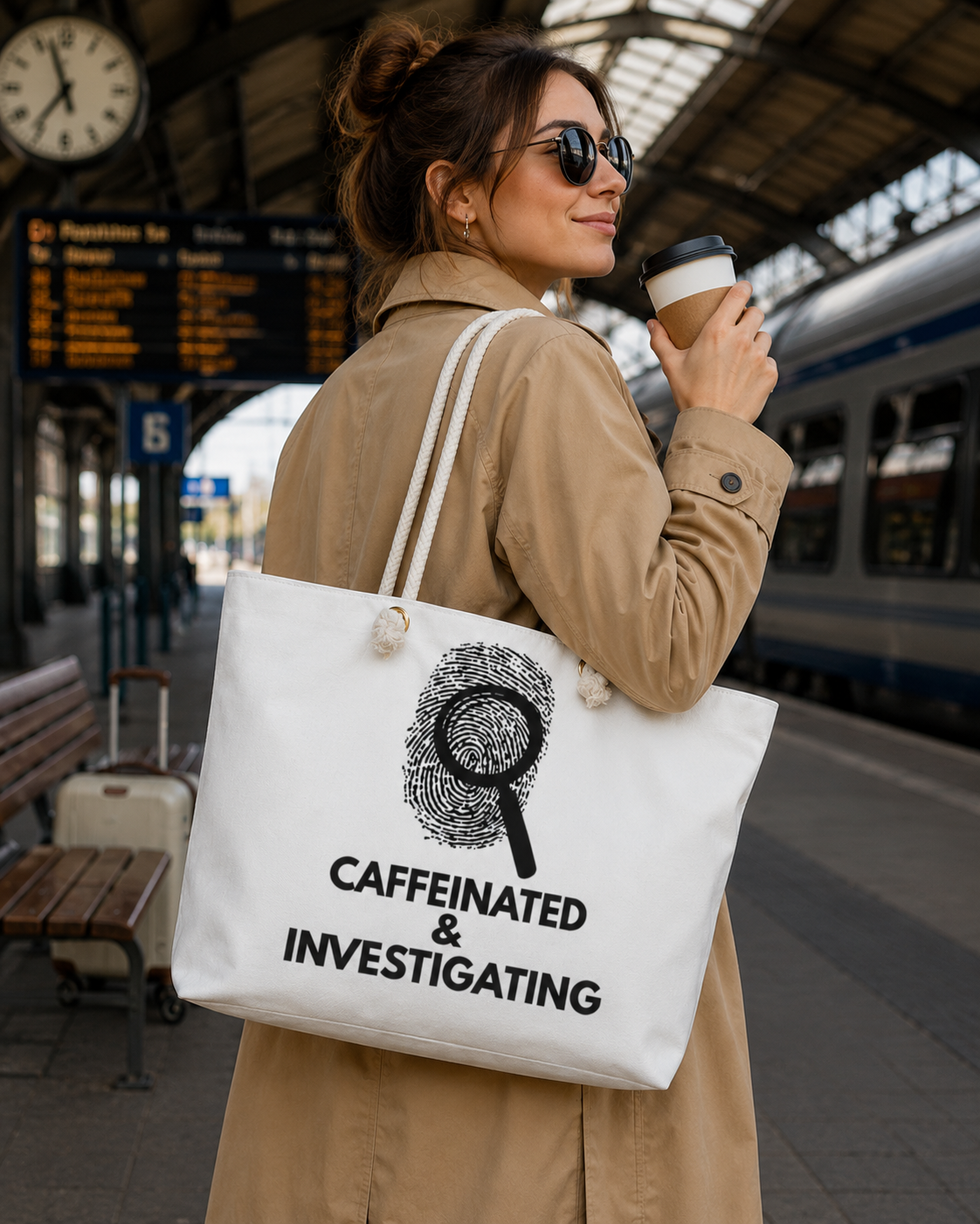 Woman carrying the JLR© Caffeinated & Investigating Weekender Bag through an airport terminal, styled as a carry-on travel tote