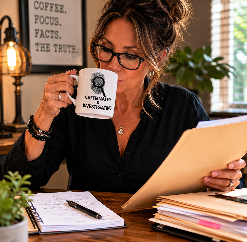 Woman at a desk reviewing case files while holding the JLR© Caffeinated & Investigating Coffee Mug in a warmly lit investigative workspace