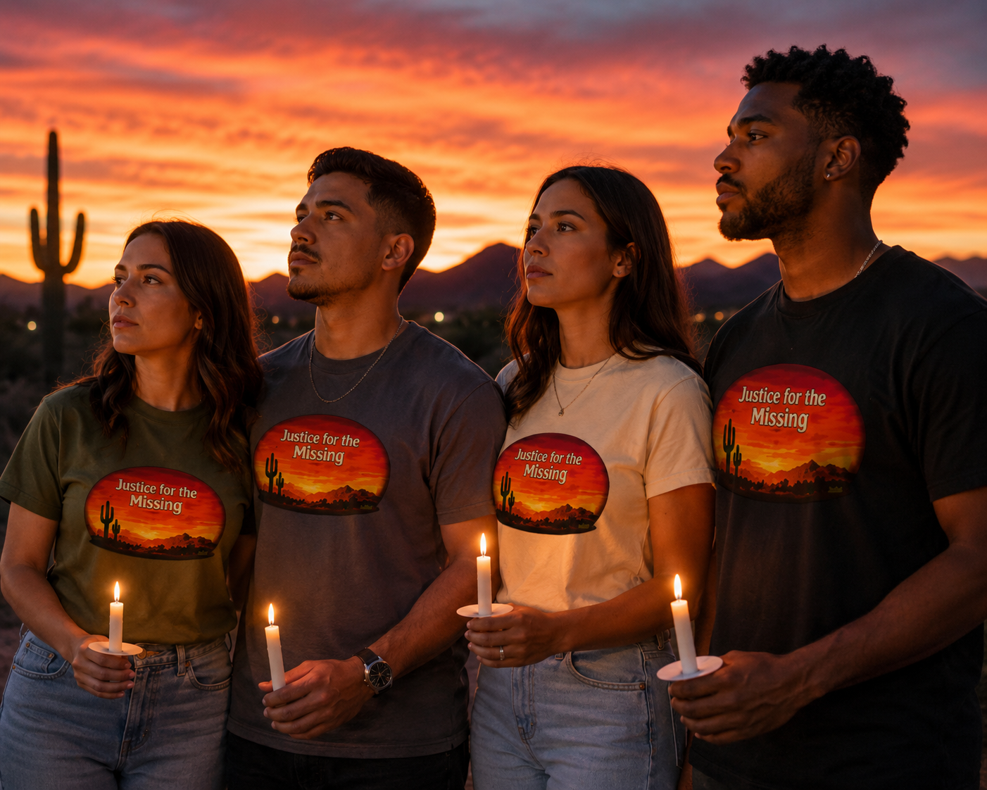 Four people holding candles at a candlelight vigil wearing the Justice for the Missing t-shirt in Military Green, Charcoal, Natural, and Black, against a dramatic desert sunset with saguaro cacti