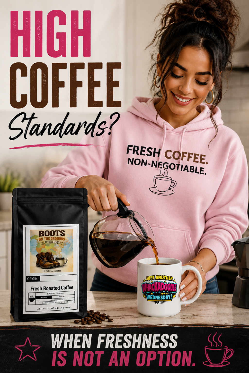 Woman pouring coffee from a bag labeled 'Boots' into a mug with text about high coffee standards.