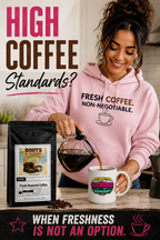 Woman pouring coffee from a bag labeled 'Boots' into a mug with text about high coffee standards.