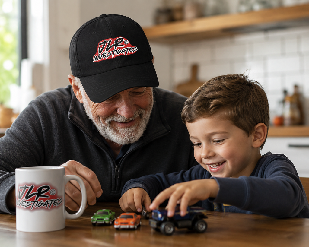 Grandfather playing with grandson with bold logo JLR Investigates coffee cup on table