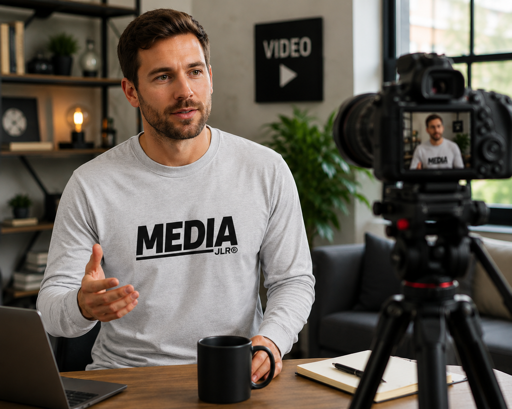 Man wearing JLR© Investigates MEDIA Long Sleeve T-Shirt in White, styled in a media/studio setting
