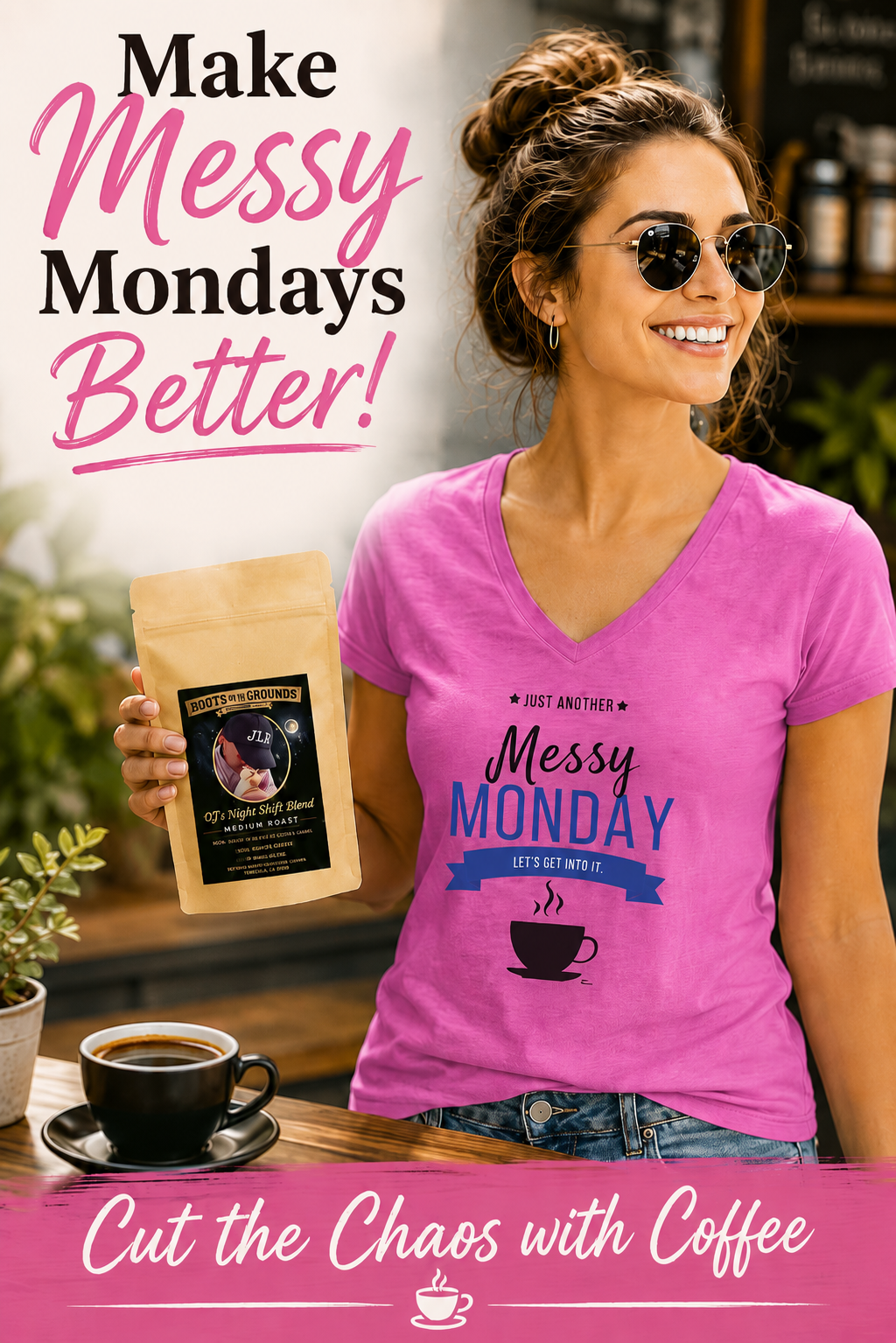 Woman in pink Messy Monday shirt  holding a JLR Investigates coffee bag in a coffee shop.
