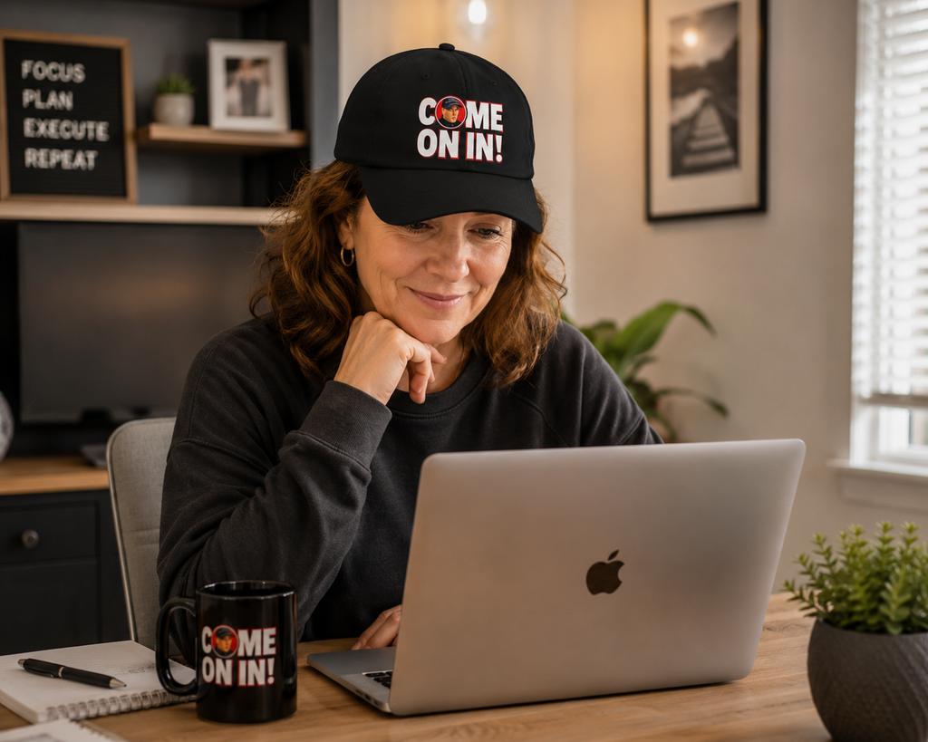 Person wearing the Come On In! JLR© Investigates Dad Hat with come on in coffee cup in Black while working at a laptop