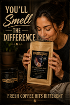 Woman holding an OJ Nightwatch blend coffee bag with text about coffee freshness and smell