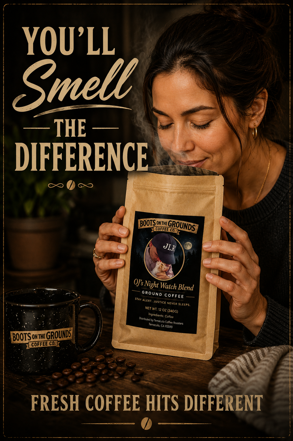 Woman holding an OJ Nightwatch blend coffee bag with text about coffee freshness and smell
