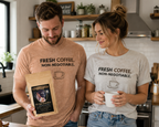 Couple wearing Fresh Coffee Non-Negotiable t-shirts in natural and white — JLR© Investigates lifestyle photo