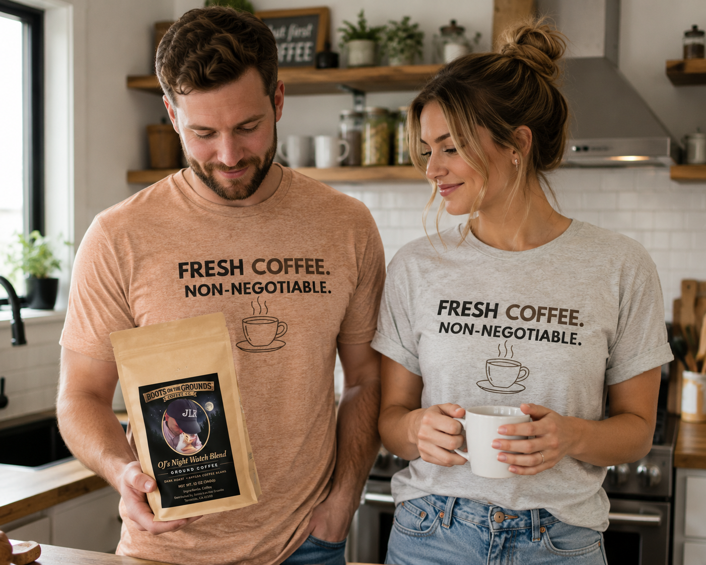 Couple wearing Fresh Coffee Non-Negotiable t-shirts in natural and white — JLR© Investigates lifestyle photo